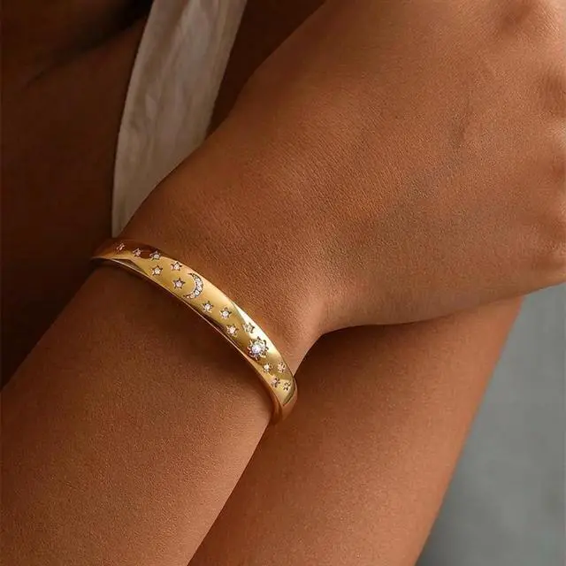 Alt view image 2 of 6 - Bracelet for Women Diamond-Cut Star and Moon Bangle 18K Gold Plated Stainless Steel Bracelet Cubic Zirconia Accents Statement Jewelry Non-Tarnish Bracelet Birthday Gift for Her