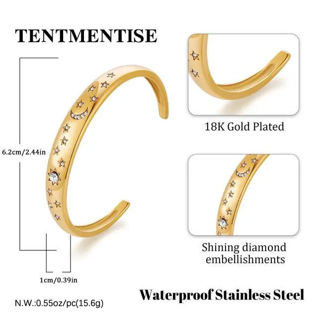 Alt view image 3 of 6 - Bracelet for Women Diamond-Cut Star and Moon Bangle 18K Gold Plated Stainless Steel Bracelet Cubic Zirconia Accents Statement Jewelry Non-Tarnish Bracelet Birthday Gift for Her