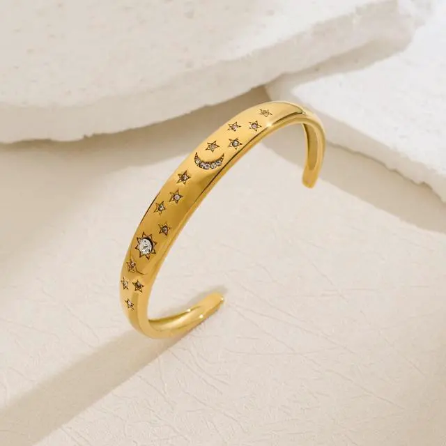 Alt view image 6 of 6 - Bracelet for Women Diamond-Cut Star and Moon Bangle 18K Gold Plated Stainless Steel Bracelet Cubic Zirconia Accents Statement Jewelry Non-Tarnish Bracelet Birthday Gift for Her