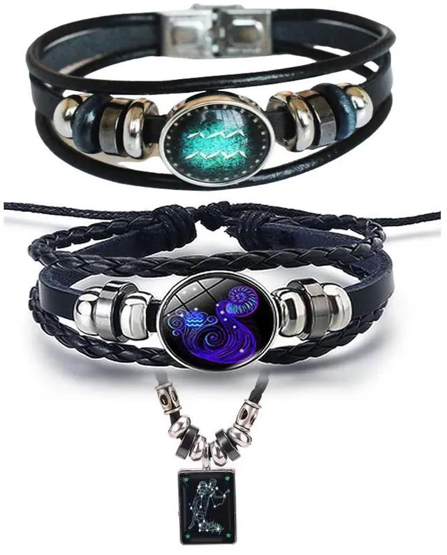 Main image of 3 Piece Set Gleym Bracelet, Gleym Manifestation Bracelet Zodiac Signs Spirit Bracelet + Pendant, Adjustable Handmade Bead Woven Constellation Spirit Bracelet Glow In The Dark (Aquarius,3 Piece Set)
