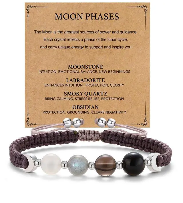 Main image of Moon Phase Healing Crystals Bracelet for Women, Moonstone Smoky Quartz Obsidian Protection Bracelet Spiritual Bracelets for Intuition Bring Calm Emotional Balance Friendship Jewelry (MP)