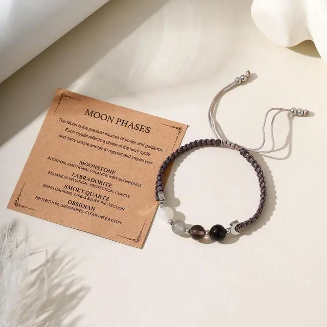 Alt view image 4 of 4 - Moon Phase Healing Crystals Bracelet for Women, Moonstone Smoky Quartz Obsidian Protection Bracelet Spiritual Bracelets for Intuition Bring Calm Emotional Balance Friendship Jewelry (MP)