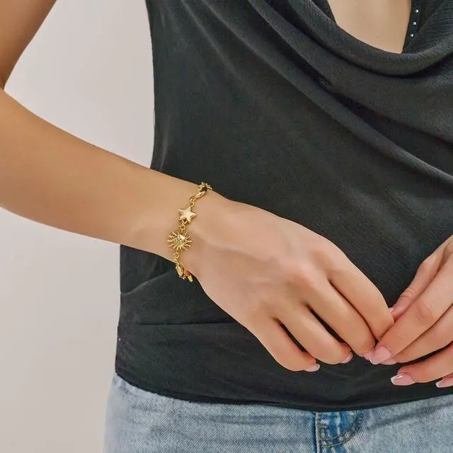 Alt view image 2 of 7 - Gold Charm Bracelet for Women, Sun Moon Star Celestial Jewelry, Dainty Astronomical Zodiac Bracelet, Gift for Her