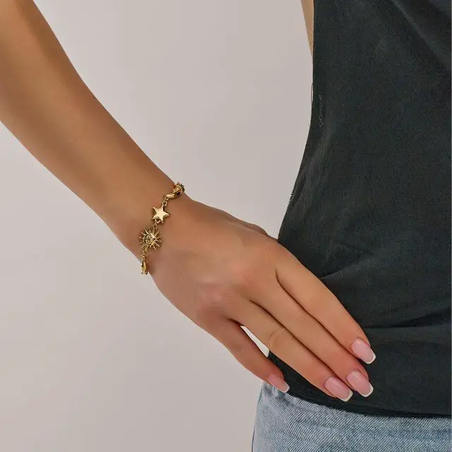 Alt view image 3 of 7 - Gold Charm Bracelet for Women, Sun Moon Star Celestial Jewelry, Dainty Astronomical Zodiac Bracelet, Gift for Her