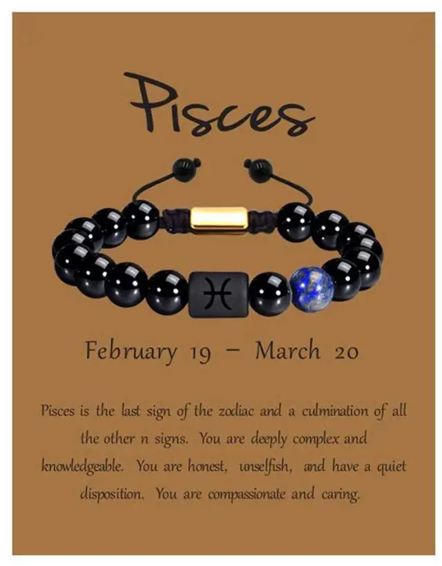 Main image of Pisces Gifts Zodiac Bracelet Men Women Braided Black Onyx Zodiac Birthday Jewelry