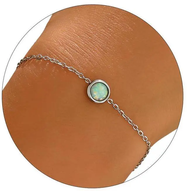 Main image of Silver Bracelet for Women Silver Plated White Opal Birthstone Bracelets Dainty Round Opal Jewelry Gift