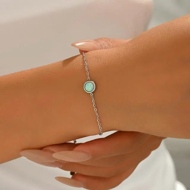 Alt view image 3 of 7 - Silver Bracelet for Women Silver Plated White Opal Birthstone Bracelets Dainty Round Opal Jewelry Gift