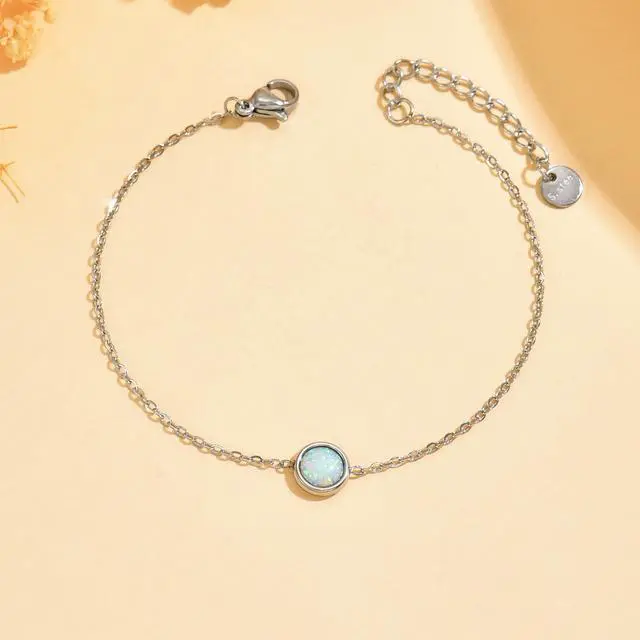 Alt view image 5 of 7 - Silver Bracelet for Women Silver Plated White Opal Birthstone Bracelets Dainty Round Opal Jewelry Gift