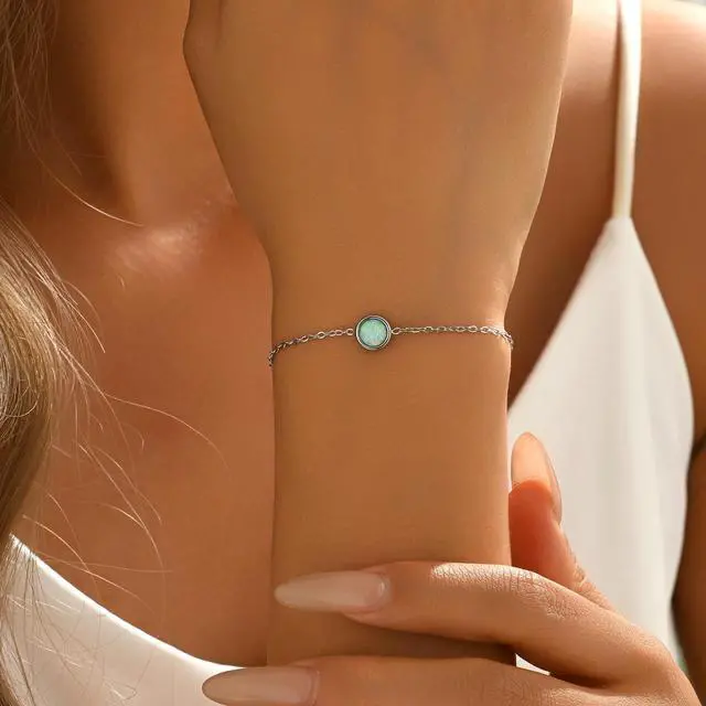 Alt view image 4 of 7 - Silver Bracelet for Women Silver Plated White Opal Birthstone Bracelets Dainty Round Opal Jewelry Gift