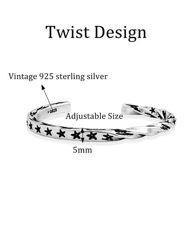 Alt view image 5 of 7 - 925 Sterling Silver Star Cuff Bracelet for Women Boho Vintage Twist Open Bangle Bracelet for Y2k Jewelry