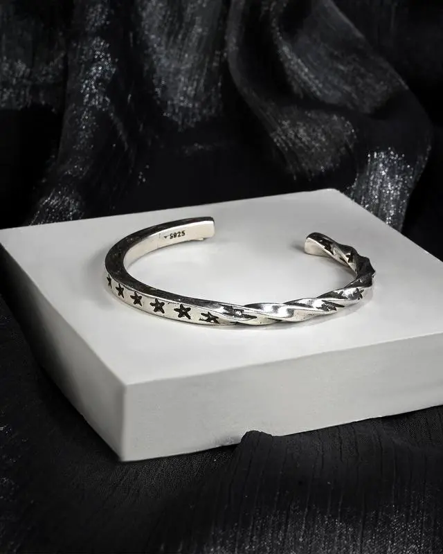 Alt view image 7 of 7 - 925 Sterling Silver Star Cuff Bracelet for Women Boho Vintage Twist Open Bangle Bracelet for Y2k Jewelry