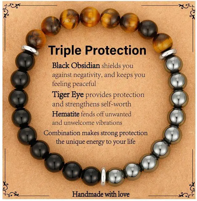 Main image of Gifts for Men, Triple Protection Beaded Hematite Tiger Eye Black Obsidian Gemstone Mens Bracelets Accessories Birthday Anniversary Healing Valentines Jewelry Gift for Dad Husband Boyfriend Him