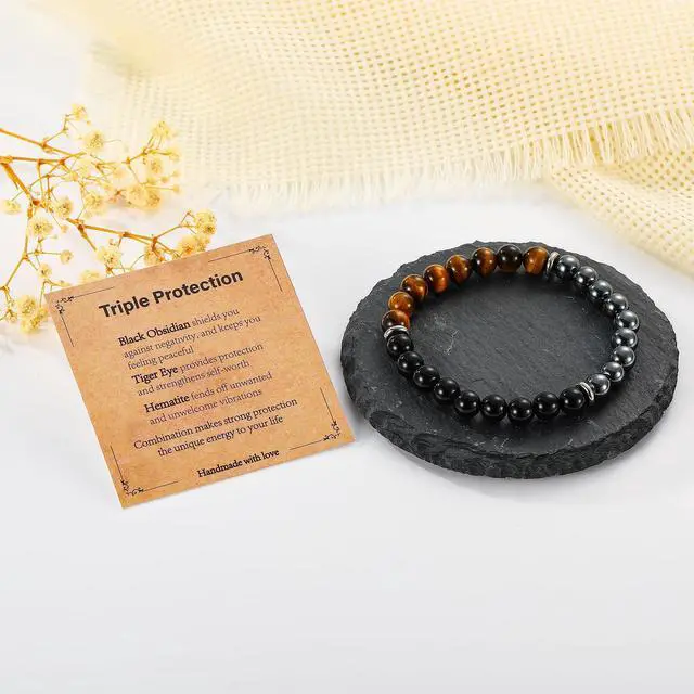 Alt view image 2 of 6 - Gifts for Men, Triple Protection Beaded Hematite Tiger Eye Black Obsidian Gemstone Mens Bracelets Accessories Birthday Anniversary Healing Valentines Jewelry Gift for Dad Husband Boyfriend Him