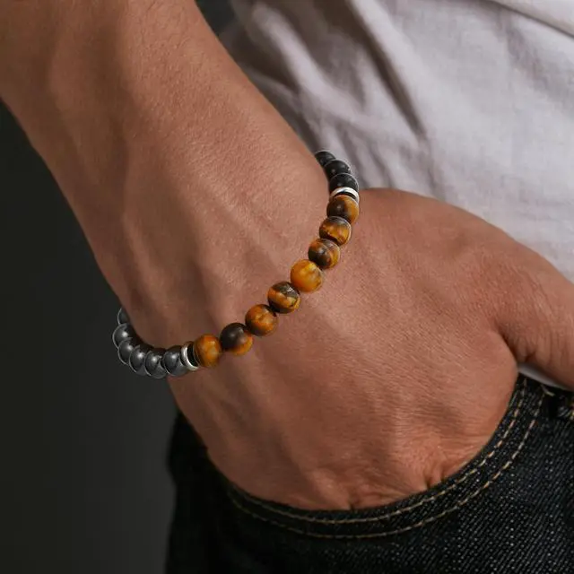 Alt view image 4 of 6 - Gifts for Men, Triple Protection Beaded Hematite Tiger Eye Black Obsidian Gemstone Mens Bracelets Accessories Birthday Anniversary Healing Valentines Jewelry Gift for Dad Husband Boyfriend Him