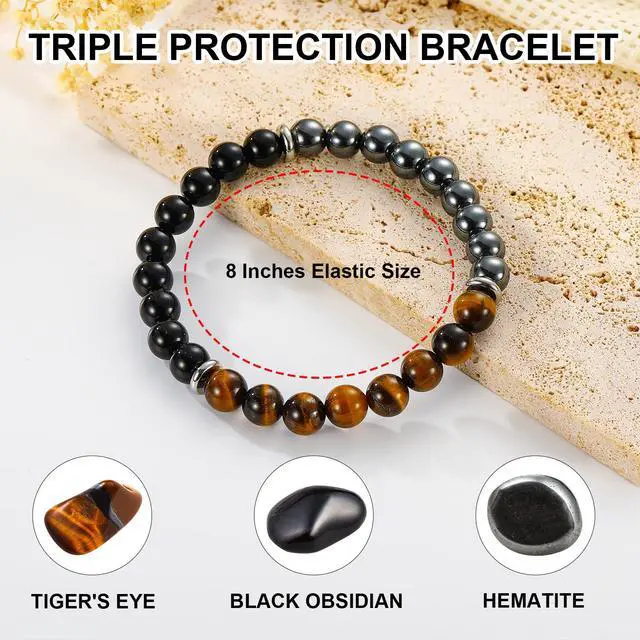Alt view image 3 of 6 - Gifts for Men, Triple Protection Beaded Hematite Tiger Eye Black Obsidian Gemstone Mens Bracelets Accessories Birthday Anniversary Healing Valentines Jewelry Gift for Dad Husband Boyfriend Him