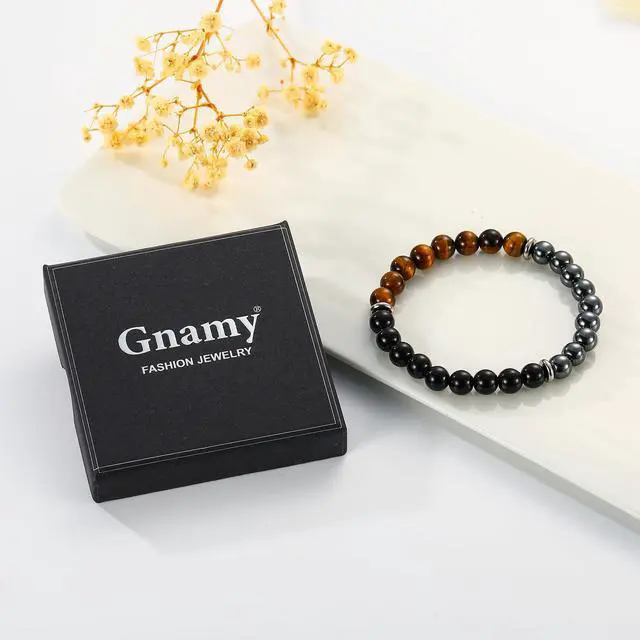 Alt view image 6 of 6 - Gifts for Men, Triple Protection Beaded Hematite Tiger Eye Black Obsidian Gemstone Mens Bracelets Accessories Birthday Anniversary Healing Valentines Jewelry Gift for Dad Husband Boyfriend Him