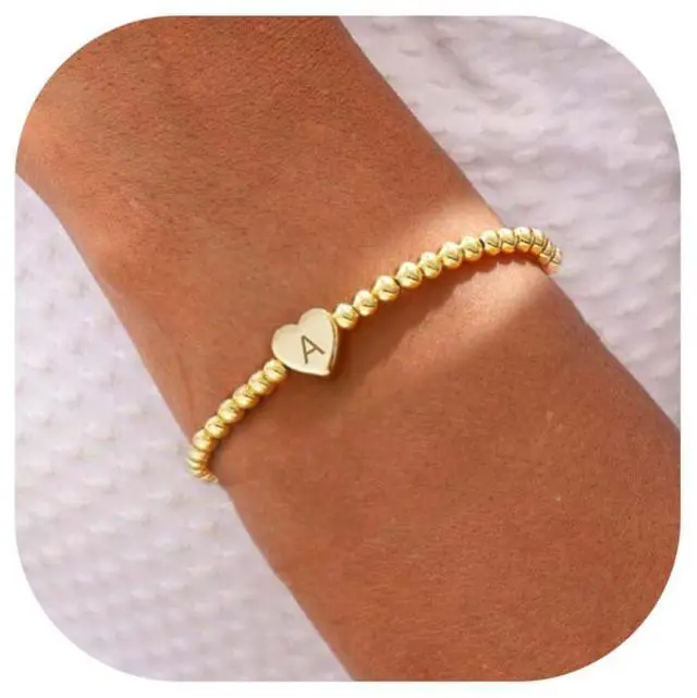 Main image of Easter Basket Stuffers - Beaded Bracelets for Women 14K Gold Plated Beaded Bracelets Dainty Heart Initial Letter A-Z Charm Stretch Bead Ball Bracelet Trendy Jewelry Gifts