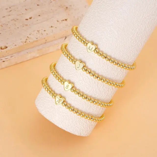 Alt view image 2 of 6 - Easter Basket Stuffers - Beaded Bracelets for Women 14K Gold Plated Beaded Bracelets Dainty Heart Initial Letter A-Z Charm Stretch Bead Ball Bracelet Trendy Jewelry Gifts