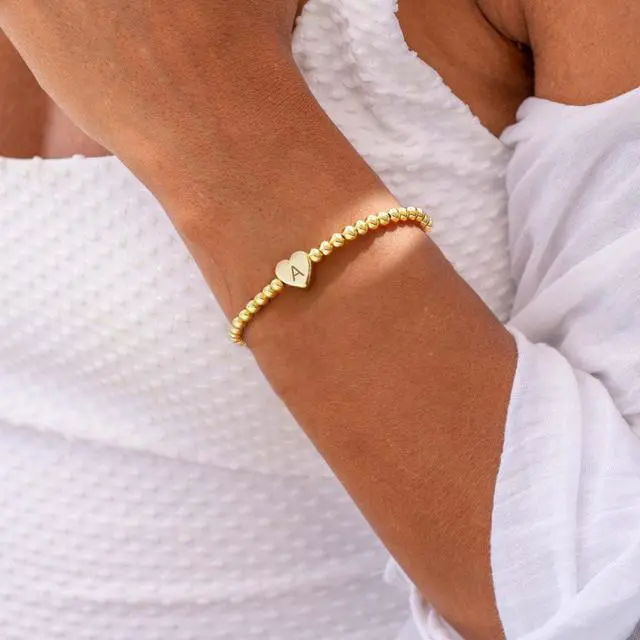 Alt view image 5 of 6 - Easter Basket Stuffers - Beaded Bracelets for Women 14K Gold Plated Beaded Bracelets Dainty Heart Initial Letter A-Z Charm Stretch Bead Ball Bracelet Trendy Jewelry Gifts