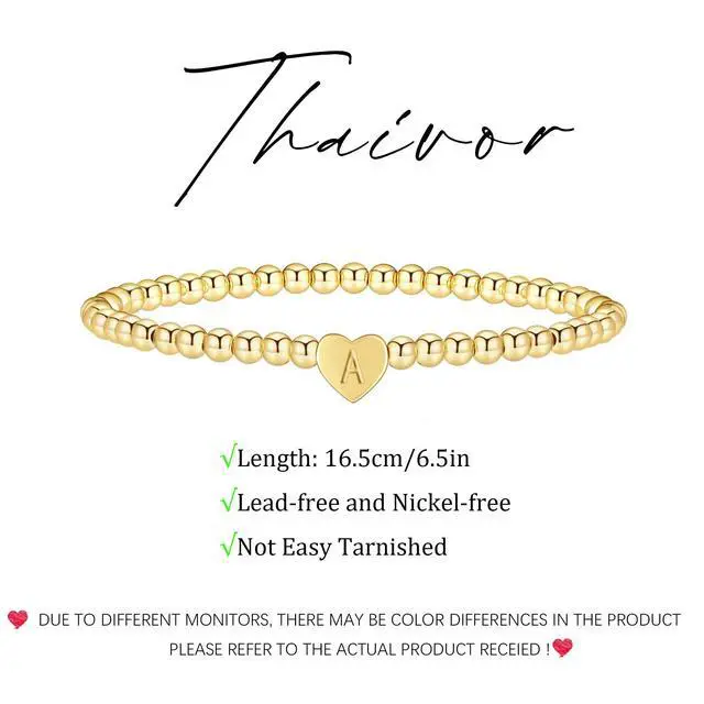 Alt view image 4 of 6 - Easter Basket Stuffers - Beaded Bracelets for Women 14K Gold Plated Beaded Bracelets Dainty Heart Initial Letter A-Z Charm Stretch Bead Ball Bracelet Trendy Jewelry Gifts
