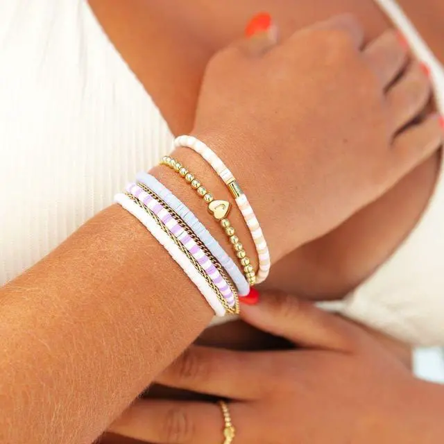 Alt view image 6 of 6 - Easter Basket Stuffers - Beaded Bracelets for Women 14K Gold Plated Beaded Bracelets Dainty Heart Initial Letter A-Z Charm Stretch Bead Ball Bracelet Trendy Jewelry Gifts