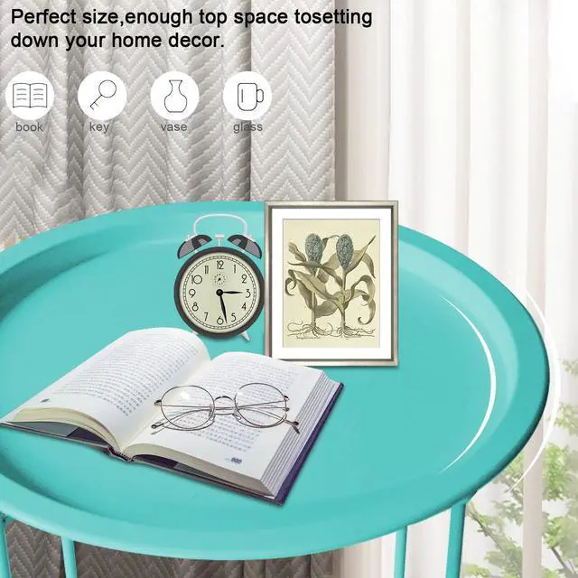 Alt view image 2 of 7 - End Table Metal Side Table Green Round Folding Tray Cyan Sofa Small Accent Fold-able Table, Round End Table Tray, Next to Sofa Table, Snack Table for Living Room and Bed Room