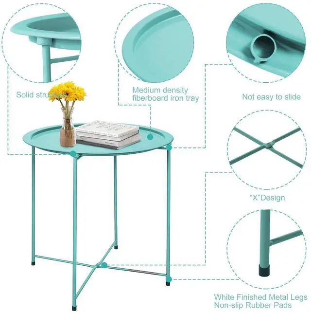 Alt view image 3 of 7 - End Table Metal Side Table Green Round Folding Tray Cyan Sofa Small Accent Fold-able Table, Round End Table Tray, Next to Sofa Table, Snack Table for Living Room and Bed Room