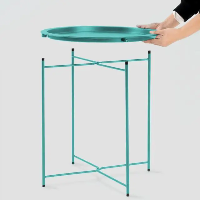 Alt view image 4 of 7 - End Table Metal Side Table Green Round Folding Tray Cyan Sofa Small Accent Fold-able Table, Round End Table Tray, Next to Sofa Table, Snack Table for Living Room and Bed Room