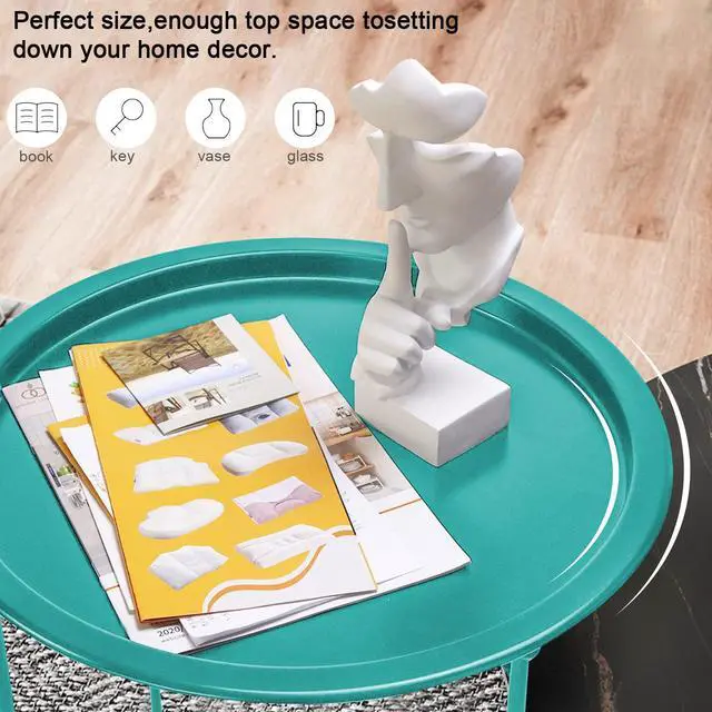 Alt view image 5 of 7 - End Table Metal Side Table Green Round Folding Tray Cyan Sofa Small Accent Fold-able Table, Round End Table Tray, Next to Sofa Table, Snack Table for Living Room and Bed Room