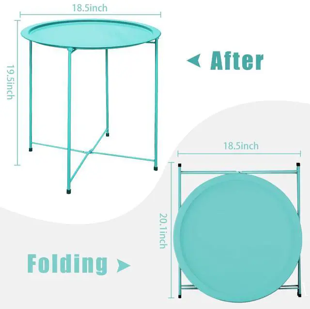 Alt view image 6 of 7 - End Table Metal Side Table Green Round Folding Tray Cyan Sofa Small Accent Fold-able Table, Round End Table Tray, Next to Sofa Table, Snack Table for Living Room and Bed Room