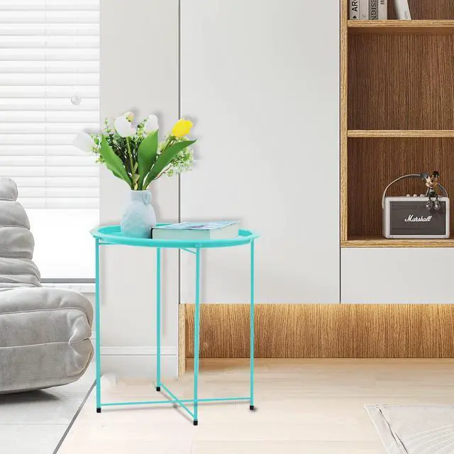 Alt view image 7 of 7 - End Table Metal Side Table Green Round Folding Tray Cyan Sofa Small Accent Fold-able Table, Round End Table Tray, Next to Sofa Table, Snack Table for Living Room and Bed Room