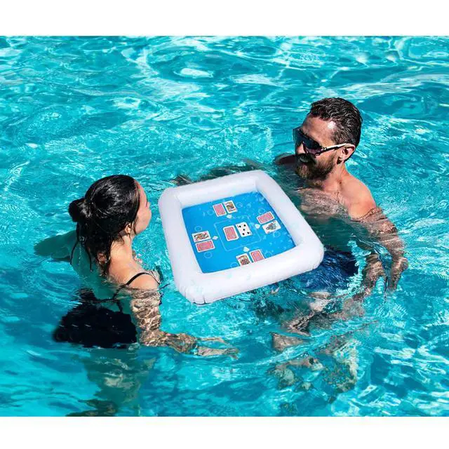 Alt view image 2 of 3 - Inflatable Game Table and Chairs with Waterproof Playing Cards, Floating Table for Pool for Adults, Family, Party, Beach Game Station Set Blue/White 1 Pack