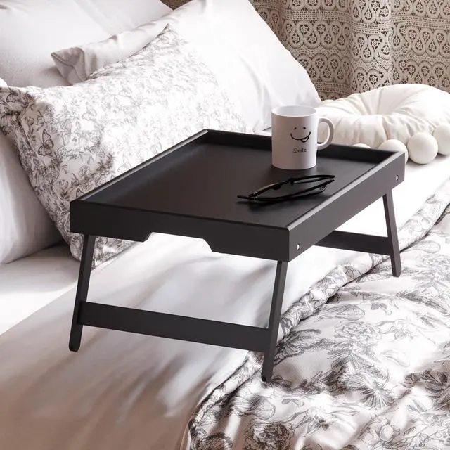 Alt view image 3 of 6 - 2 Pack Bamboo Bed Tray Table with Folding Legs,Breakfast Trays,Serving Tray for Food and Snack,Laptop Trays for Working(Black)