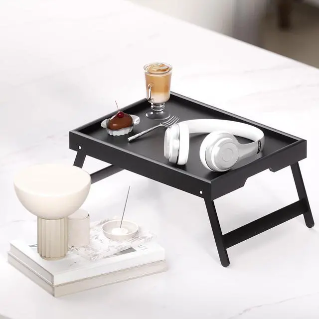 Alt view image 5 of 6 - 2 Pack Bamboo Bed Tray Table with Folding Legs,Breakfast Trays,Serving Tray for Food and Snack,Laptop Trays for Working(Black)