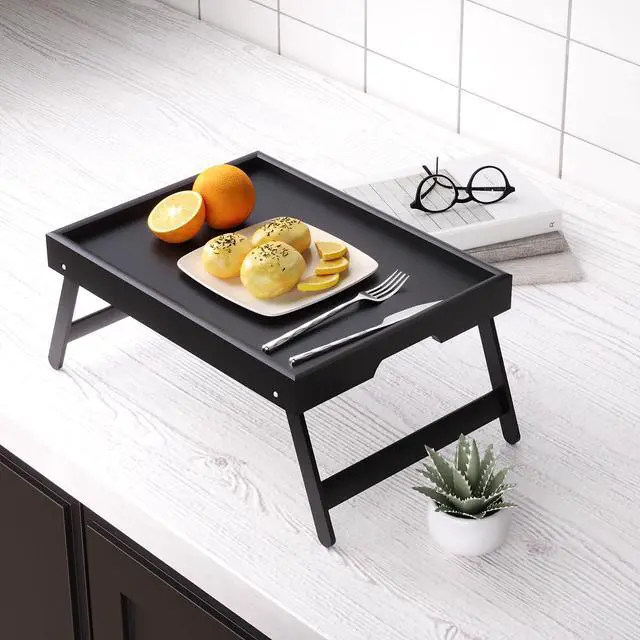 Alt view image 6 of 6 - 2 Pack Bamboo Bed Tray Table with Folding Legs,Breakfast Trays,Serving Tray for Food and Snack,Laptop Trays for Working(Black)