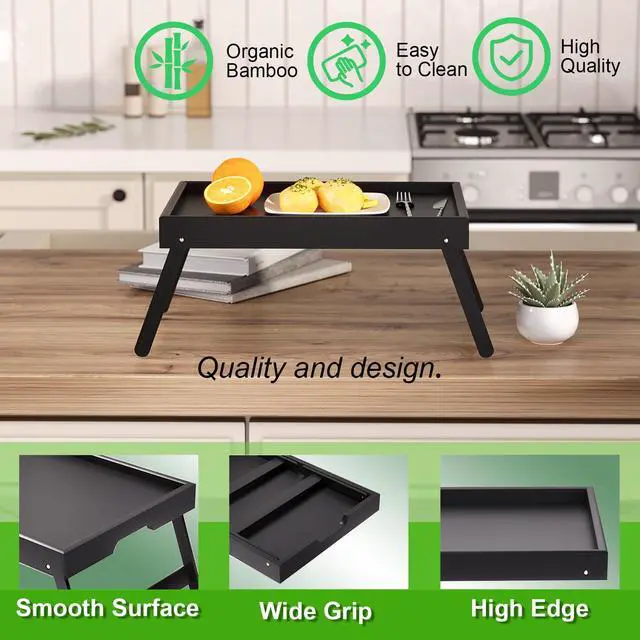 Alt view image 4 of 6 - 2 Pack Bamboo Bed Tray Table with Folding Legs,Breakfast Trays,Serving Tray for Food and Snack,Laptop Trays for Working(Black)