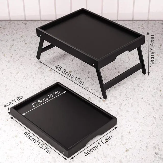 Alt view image 2 of 6 - 2 Pack Bamboo Bed Tray Table with Folding Legs,Breakfast Trays,Serving Tray for Food and Snack,Laptop Trays for Working(Black)