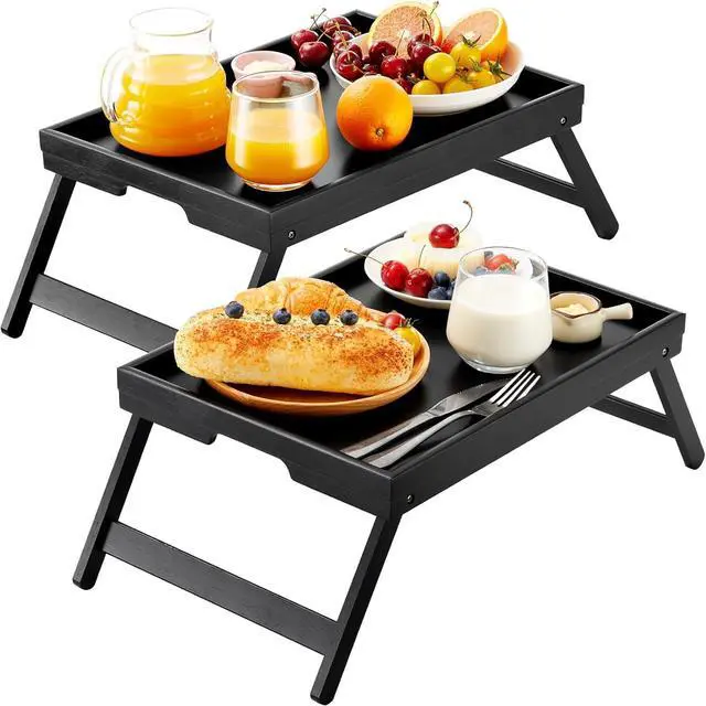 Main image of 2 Pack Bamboo Bed Tray Table with Foldable Legs, Breakfast in Bed Tray for Eating, TV Tray for Bed and Sofa, Serving Tray for Food, Laptop Desk for Working, Reading,Drawing, Black