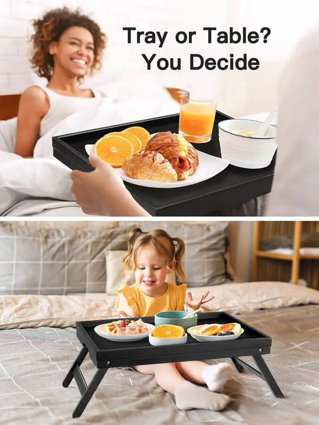 Alt view image 2 of 7 - 2 Pack Bamboo Bed Tray Table with Foldable Legs, Breakfast in Bed Tray for Eating, TV Tray for Bed and Sofa, Serving Tray for Food, Laptop Desk for Working, Reading,Drawing, Black