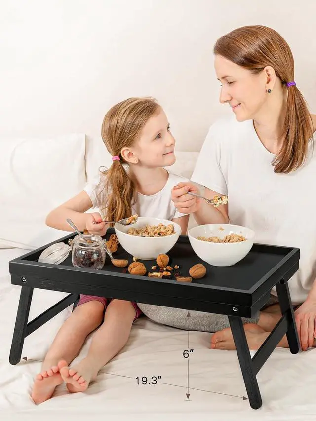 Alt view image 5 of 7 - 2 Pack Bamboo Bed Tray Table with Foldable Legs, Breakfast in Bed Tray for Eating, TV Tray for Bed and Sofa, Serving Tray for Food, Laptop Desk for Working, Reading,Drawing, Black