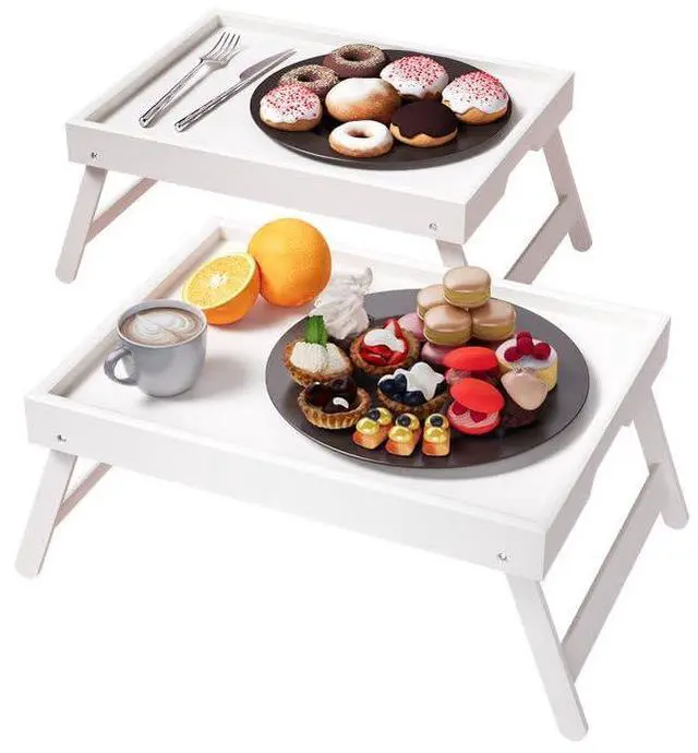 Main image of 2 Pack Bamboo Bed Tray Table with Folding Legs,Breakfast Trays,Serving Tray for Food and Snack,Laptop Trays for Working(White)