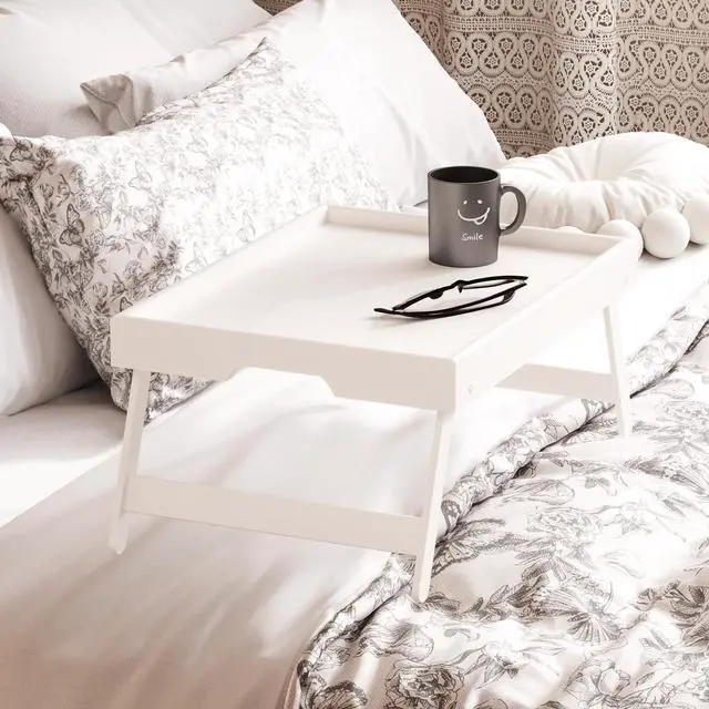 Alt view image 2 of 6 - 2 Pack Bamboo Bed Tray Table with Folding Legs,Breakfast Trays,Serving Tray for Food and Snack,Laptop Trays for Working(White)