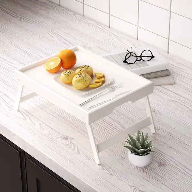 Alt view image 4 of 6 - 2 Pack Bamboo Bed Tray Table with Folding Legs,Breakfast Trays,Serving Tray for Food and Snack,Laptop Trays for Working(White)