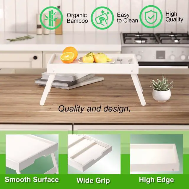 Alt view image 5 of 6 - 2 Pack Bamboo Bed Tray Table with Folding Legs,Breakfast Trays,Serving Tray for Food and Snack,Laptop Trays for Working(White)