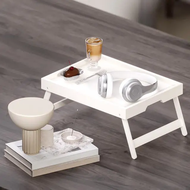 Alt view image 3 of 6 - 2 Pack Bamboo Bed Tray Table with Folding Legs,Breakfast Trays,Serving Tray for Food and Snack,Laptop Trays for Working(White)
