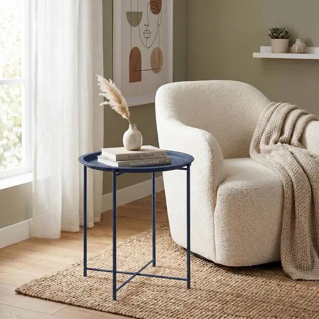Alt view image 2 of 7 - Side/End Table, Folding Round Metal Anti-Rust and Waterproof Outdoor or Indoor Tray for Living Room Bedroom Balcony and Office, 1 PCS, Blue