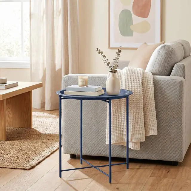 Alt view image 4 of 7 - Side/End Table, Folding Round Metal Anti-Rust and Waterproof Outdoor or Indoor Tray for Living Room Bedroom Balcony and Office, 1 PCS, Blue