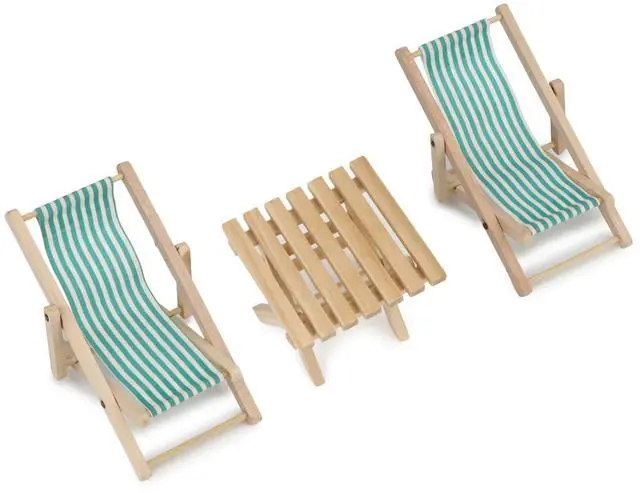 Alt view image 2 of 6 - Miniature Beach Chair & Table 3PCS 1:12 Dollhouse Furniture Model Foldable Chairs Folding Beach Sunbath Chair Props Cake DIY Garden Plant Pool Decor Longue Deck Chair Craft (Green)