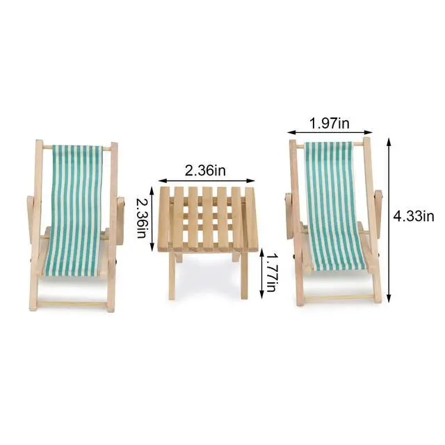 Alt view image 5 of 6 - Miniature Beach Chair & Table 3PCS 1:12 Dollhouse Furniture Model Foldable Chairs Folding Beach Sunbath Chair Props Cake DIY Garden Plant Pool Decor Longue Deck Chair Craft (Green)