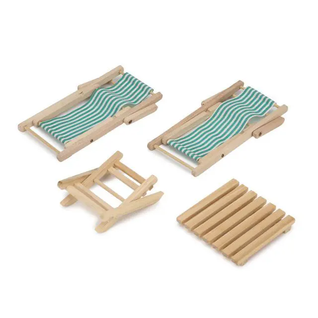 Alt view image 4 of 6 - Miniature Beach Chair & Table 3PCS 1:12 Dollhouse Furniture Model Foldable Chairs Folding Beach Sunbath Chair Props Cake DIY Garden Plant Pool Decor Longue Deck Chair Craft (Green)